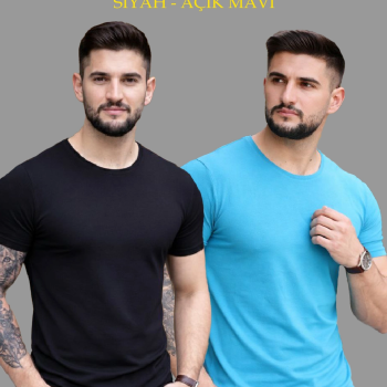 Erkek Tişört Bisiklet Yaka Kısa Kol Slim Fit Body T-shirt 2'li Set Siyah-Açık Mavi