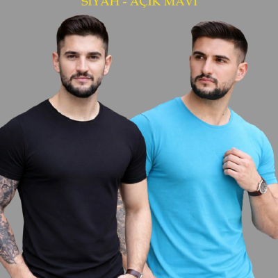 Erkek Tişört Bisiklet Yaka Kısa Kol Slim Fit Body T-shirt 2'li Set Siyah-Açık Mavi