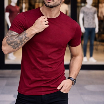 Erkek Tişört Bisiklet Yaka Kısa Kol Slim Fit Body T-shirt 2'li Set Siyah-Bordo