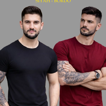 Erkek Tişört Bisiklet Yaka Kısa Kol Slim Fit Body T-shirt 2'li Set Siyah-Bordo