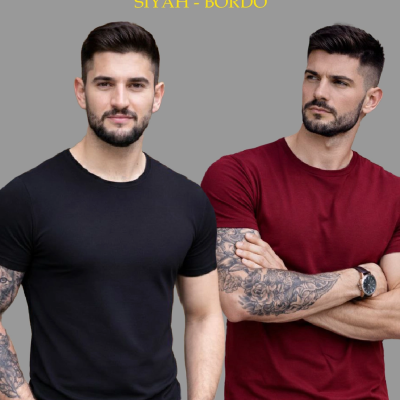 Erkek Tişört Bisiklet Yaka Kısa Kol Slim Fit Body T-shirt 2'li Set Siyah-Bordo