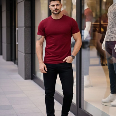 Erkek Tişört Bisiklet Yaka Kısa Kol Slim Fit Body T-shirt 2'li Set Siyah-Bordo