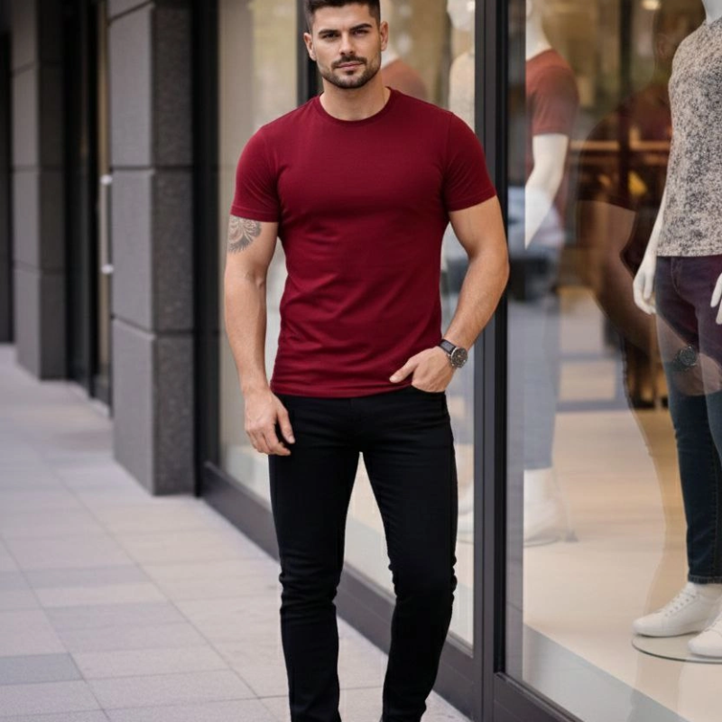 Erkek Tişört Bisiklet Yaka Kısa Kol Slim Fit Body T-shirt 2'li Set Siyah-Bordo