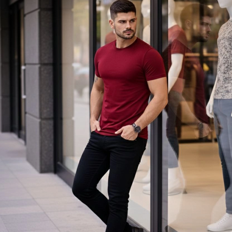 Erkek Tişört Bisiklet Yaka Kısa Kol Slim Fit Body T-shirt 2'li Set Siyah-Bordo