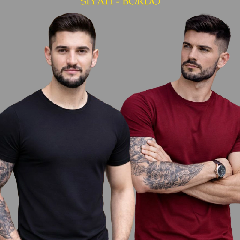 Erkek Tişört Bisiklet Yaka Kısa Kol Slim Fit Body T-shirt 2'li Set Siyah-Bordo