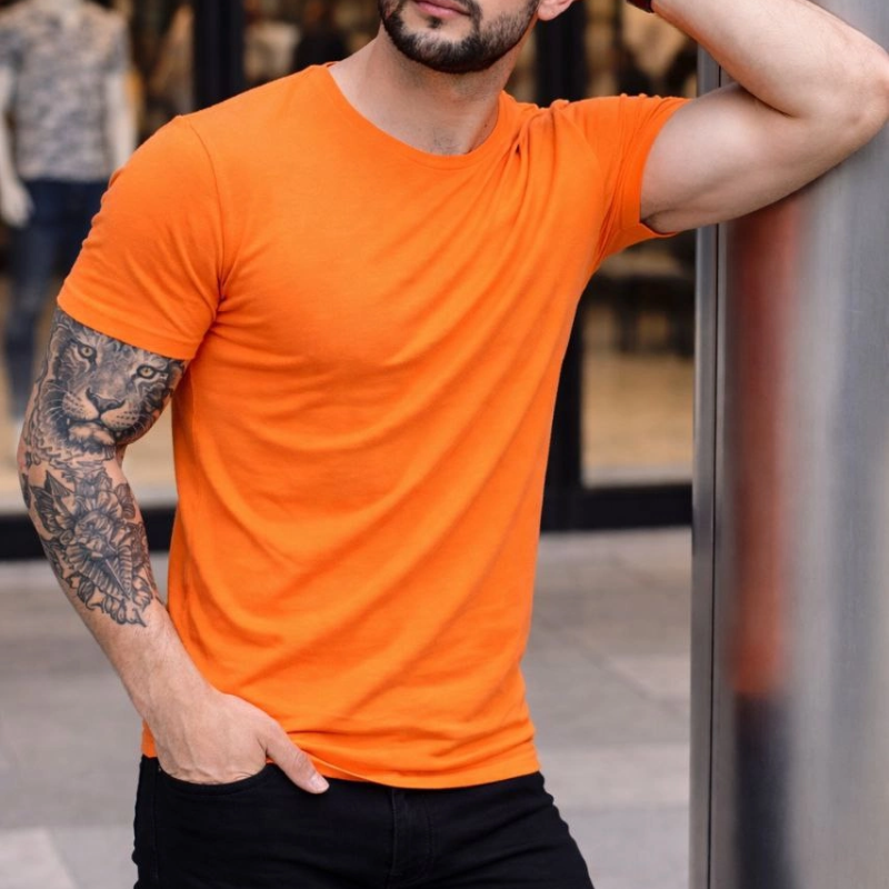 Erkek Tişört Bisiklet Yaka Kısa Kol Slim Fit Body T-shirt 2'li Set Siyah-Turuncu