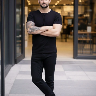 Erkek Tişört Bisiklet Yaka Kısa Kol Slim Fit Body T-shirt 2'li Set Siyah-Turuncu