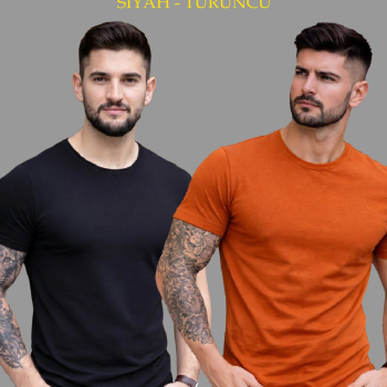 Erkek Tişört Bisiklet Yaka Kısa Kol Slim Fit Body T-shirt 2'li Set Siyah-Turuncu