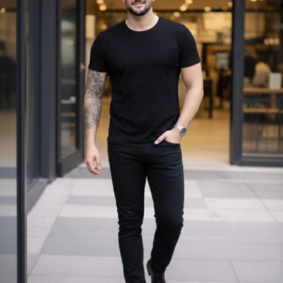 Erkek Tişört Bisiklet Yaka Kısa Kol Slim Fit Body T-shirt 2'li Set Siyah-Turuncu