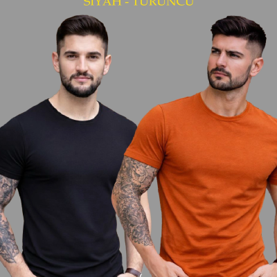 Erkek Tişört Bisiklet Yaka Kısa Kol Slim Fit Body T-shirt 2'li Set Siyah-Turuncu