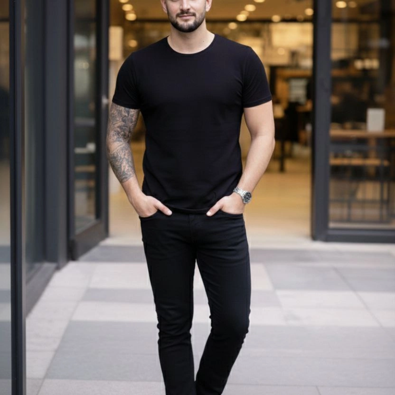 Erkek Tişört Bisiklet Yaka Kısa Kol Slim Fit Body T-shirt 2'li Set Siyah-Turuncu