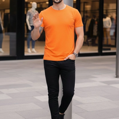 Erkek Tişört Bisiklet Yaka Kısa Kol Slim Fit Body T-shirt 2'li Set Siyah-Turuncu