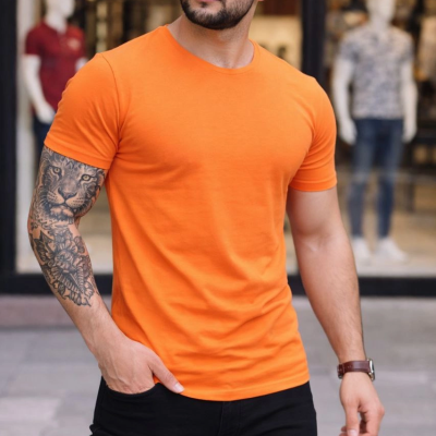 Erkek Tişört Bisiklet Yaka Kısa Kol Slim Fit Body T-shirt 2'li Set Siyah-Turuncu