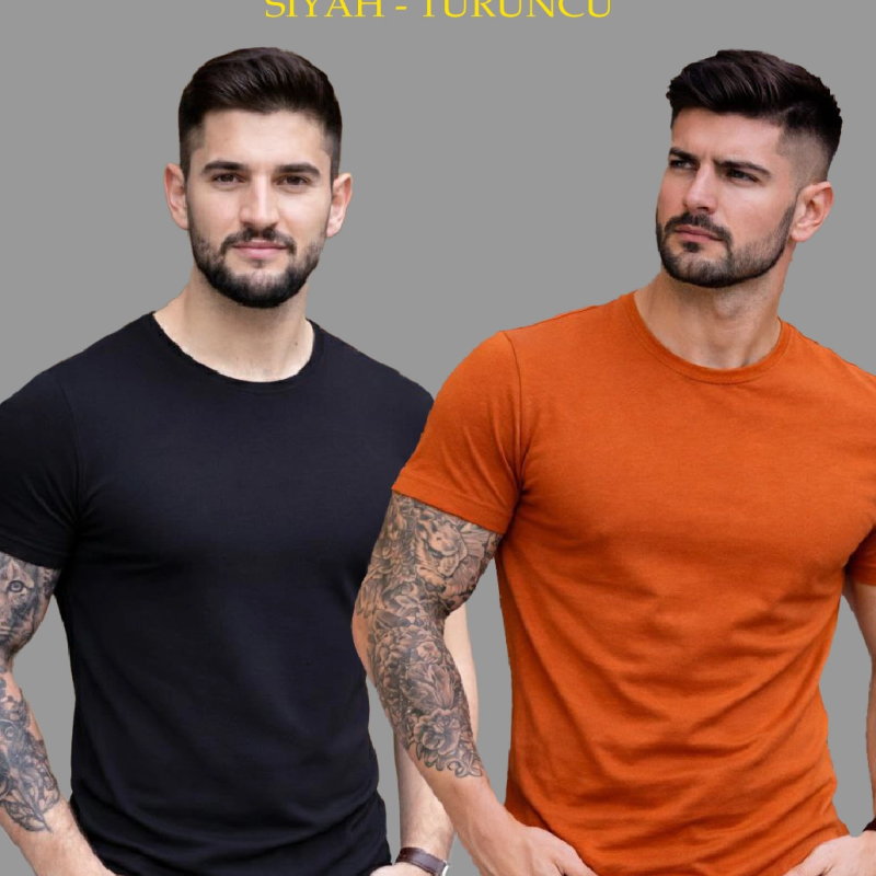 Erkek Tişört Bisiklet Yaka Kısa Kol Slim Fit Body T-shirt 2'li Set Siyah-Turuncu