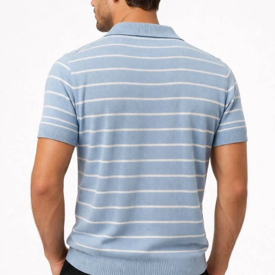 Erkek Triko Polo Yaka Fermuarlı Çizgili Tişört T-Shirt Yazlık Şık - Bebek Mavisi