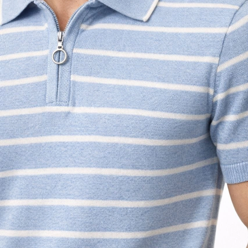 Erkek Triko Polo Yaka Fermuarlı Çizgili Tişört T-Shirt Yazlık Şık - Bebek Mavisi