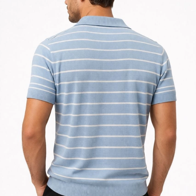 Erkek Triko Polo Yaka Fermuarlı Çizgili Tişört T-Shirt Yazlık Şık - Bebek Mavisi