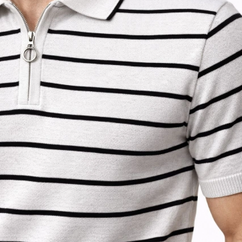 Erkek Triko Polo Yaka Fermuarlı Çizgili Tişört T-Shirt Yazlık Şık - Beyaz