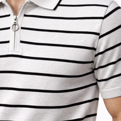 Erkek Triko Polo Yaka Fermuarlı Çizgili Tişört T-Shirt Yazlık Şık - Beyaz