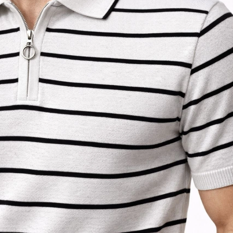 Erkek Triko Polo Yaka Fermuarlı Çizgili Tişört T-Shirt Yazlık Şık - Beyaz