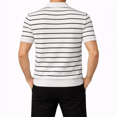 Erkek Triko Polo Yaka Fermuarlı Çizgili Tişört T-Shirt Yazlık Şık - Beyaz