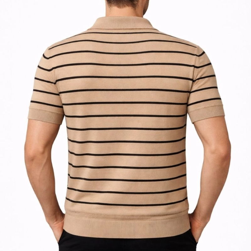 Erkek Triko Polo Yaka Fermuarlı Çizgili Tişört T-Shirt Yazlık Şık - Kahverengi