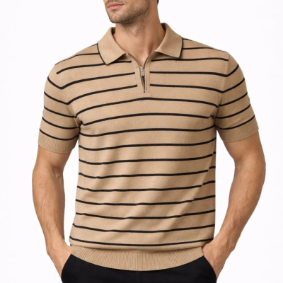 Erkek Triko Polo Yaka Fermuarlı Çizgili Tişört T-Shirt Yazlık Şık - Kahverengi