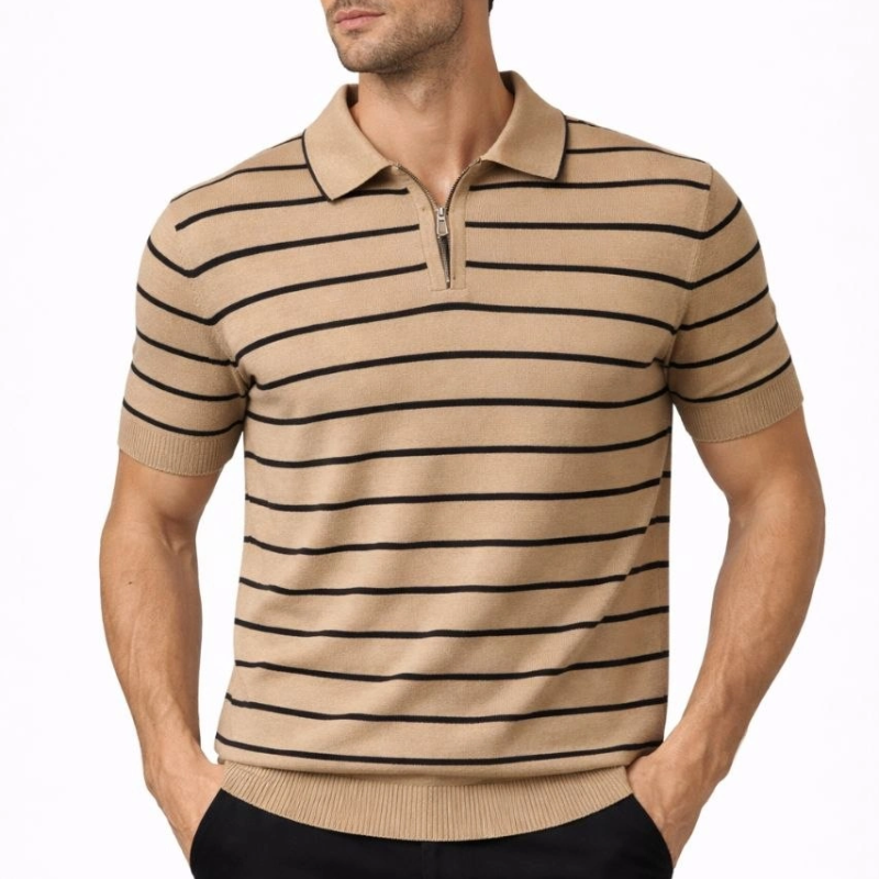 Erkek Triko Polo Yaka Fermuarlı Çizgili Tişört T-Shirt Yazlık Şık - Kahverengi