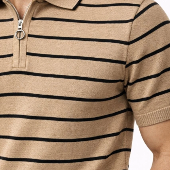 Erkek Triko Polo Yaka Fermuarlı Çizgili Tişört T-Shirt Yazlık Şık - Kahverengi