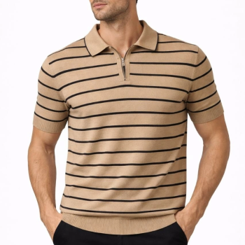 Erkek Triko Polo Yaka Fermuarlı Çizgili Tişört T-Shirt Yazlık Şık - Kahverengi
