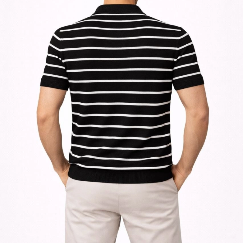 Erkek Triko Polo Yaka Fermuarlı Çizgili Tişört T-Shirt Yazlık Şık - Siyah