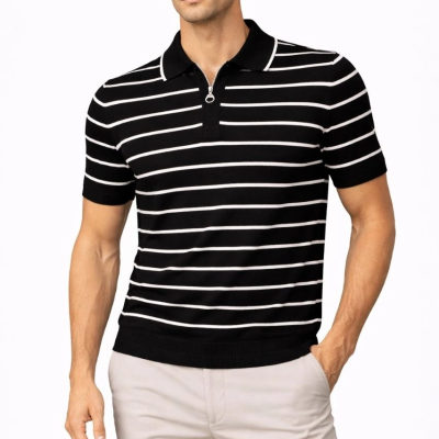 Erkek Triko Polo Yaka Fermuarlı Çizgili Tişört T-Shirt Yazlık Şık - Siyah