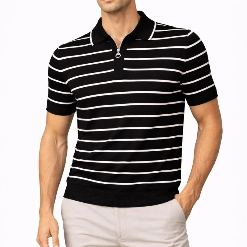 Erkek Triko Polo Yaka Fermuarlı Çizgili Tişört T-Shirt Yazlık Şık - Siyah