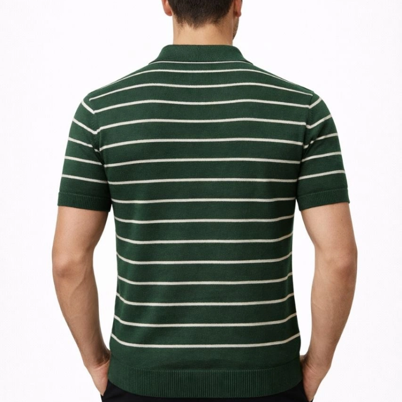 Erkek Triko Polo Yaka Fermuarlı Çizgili Tişört T-Shirt Yazlık Şık - Yeşil