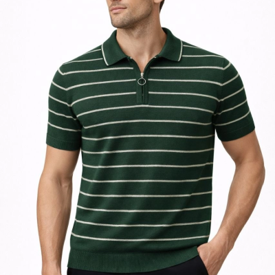Erkek Triko Polo Yaka Fermuarlı Çizgili Tişört T-Shirt Yazlık Şık - Yeşil