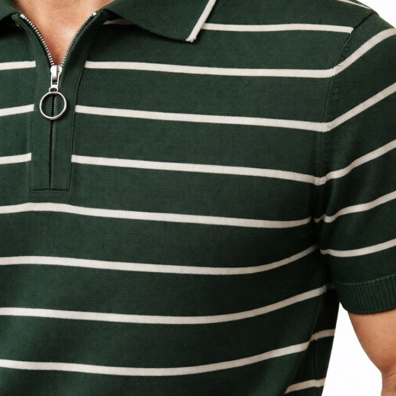 Erkek Triko Polo Yaka Fermuarlı Çizgili Tişört T-Shirt Yazlık Şık - Yeşil