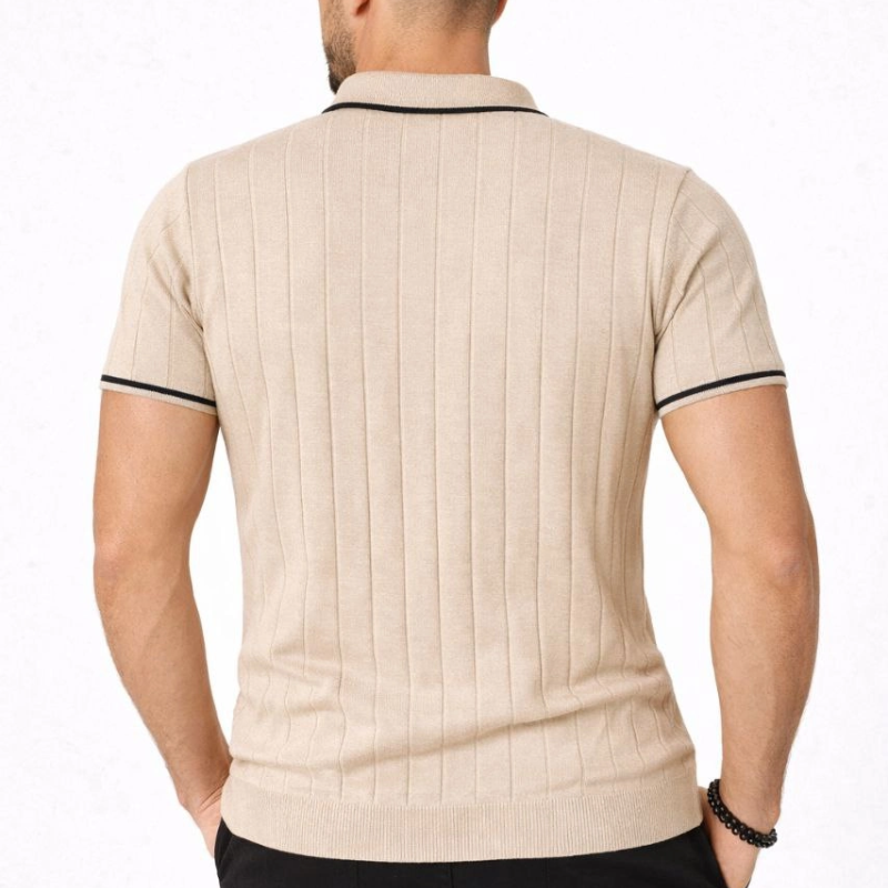 Erkek Triko Tişört Fermuarlı Polo Yaka Kısa Kol T-Shirt 3’lü Set Bej-Beyaz-Siyah