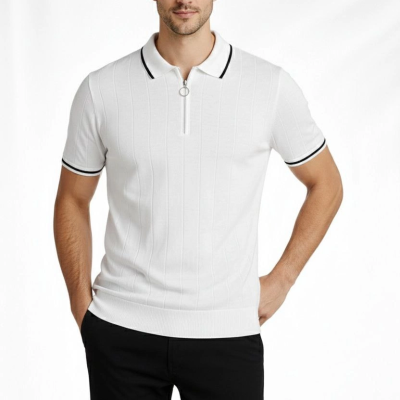 Erkek Triko Tişört Fermuarlı Polo Yaka Kısa Kol T-Shirt 3’lü Set Bej-Beyaz-Siyah