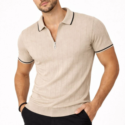 Erkek Triko Tişört Fermuarlı Polo Yaka Kısa Kol T-Shirt 3’lü Set Bej-Beyaz-Siyah