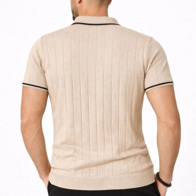 Erkek Triko Tişört Fermuarlı Polo Yaka Kısa Kol T-Shirt 3’lü Set Bej-Beyaz-Siyah