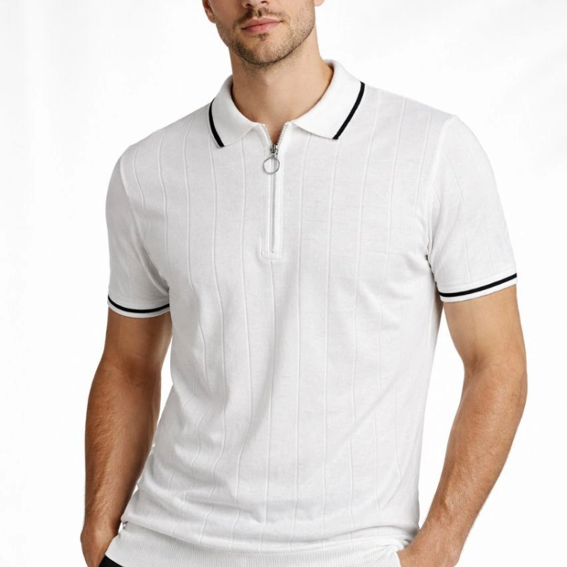 Erkek Triko Tişört Fermuarlı Polo Yaka Kısa Kol T-Shirt 3’lü Set Beyaz-Haki-Siyah