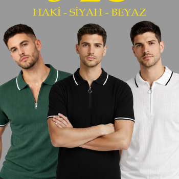Erkek Triko Tişört Fermuarlı Polo Yaka Kısa Kol T-Shirt 3’lü Set Beyaz-Haki-Siyah