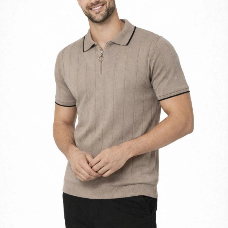 Erkek Triko Tişört Fermuarlı Polo Yaka Kısa Kol T-Shirt 3’lü Set Kahve-Siyah-Beyaz