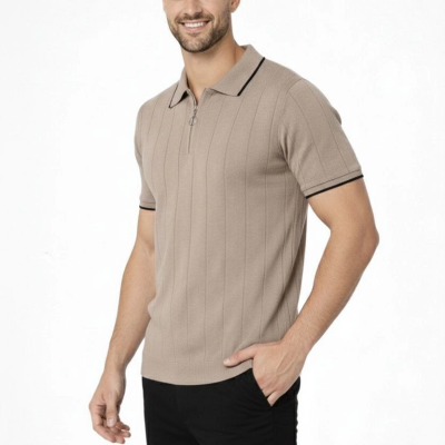 Erkek Triko Tişört Fermuarlı Polo Yaka Kısa Kol T-Shirt 3’lü Set Siyah-Kahve-Haki