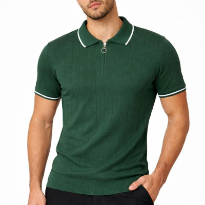 Erkek Triko Tişört Fermuarlı Polo Yaka Kısa Kol T-Shirt 3’lü Set Siyah-Kahve-Haki