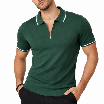 Erkek Triko Tişört Fermuarlı Polo Yaka Kısa Kol T-Shirt 3’lü Set Siyah-Kahve-Haki