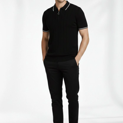 Erkek Triko Tişört Fermuarlı Polo Yaka Yazlık Kısa Kol T-Shirt 2’li Set Beyaz-Siyah