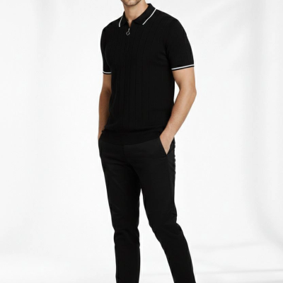 Erkek Triko Tişört Fermuarlı Polo Yaka Yazlık Kısa Kol T-Shirt 2’li Set Beyaz-Siyah