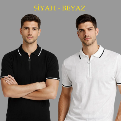 Erkek Triko Tişört Fermuarlı Polo Yaka Yazlık Kısa Kol T-Shirt 2’li Set Beyaz-Siyah