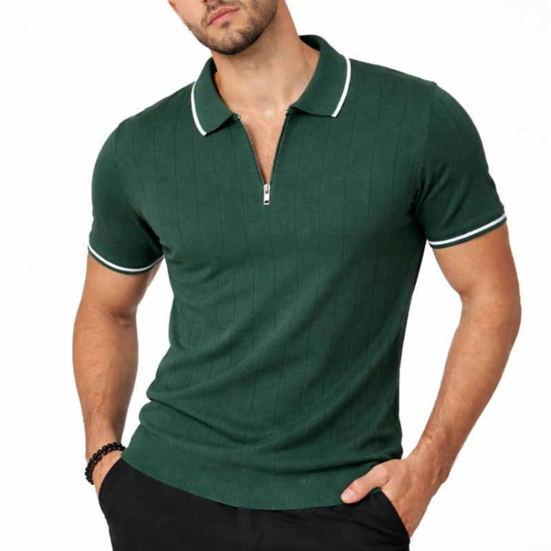 Erkek Triko Tişört Fermuarlı Polo Yaka Yazlık Kısa Kol T-Shirt 2’li Set Haki-Siyah